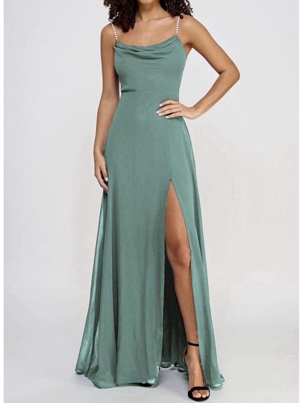 City Studios Women Green Juniors' Drape-Neck Faux-Peal-Strap Gown Dress Size 3/4